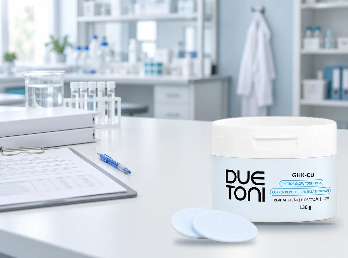 Pote do GHK-Cu Glow Pads na bancada do laboratório de controle de qualidade