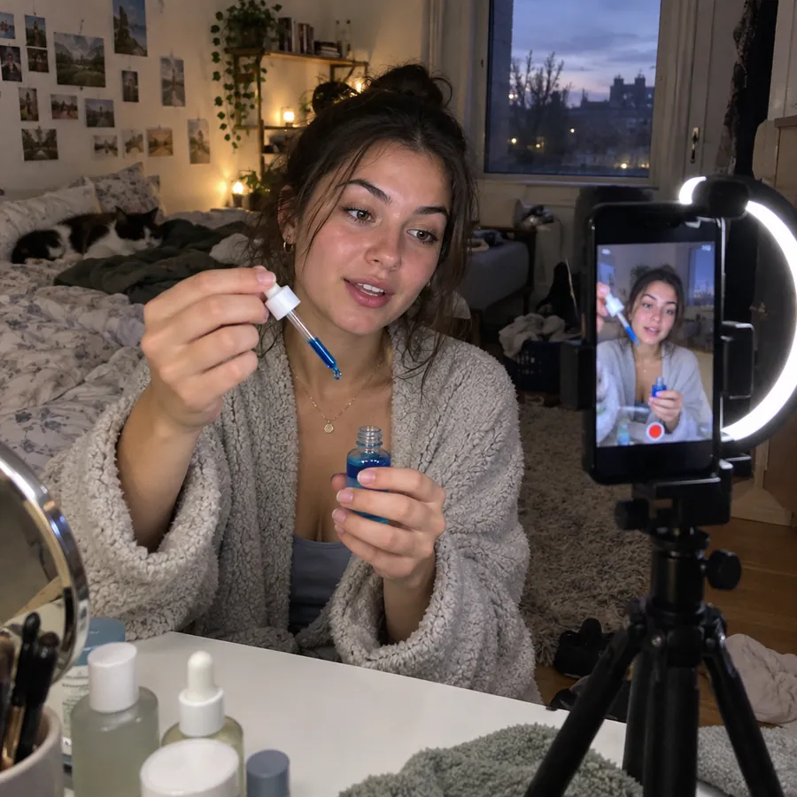 Garota gravando vídeo de skincare com sérum azul